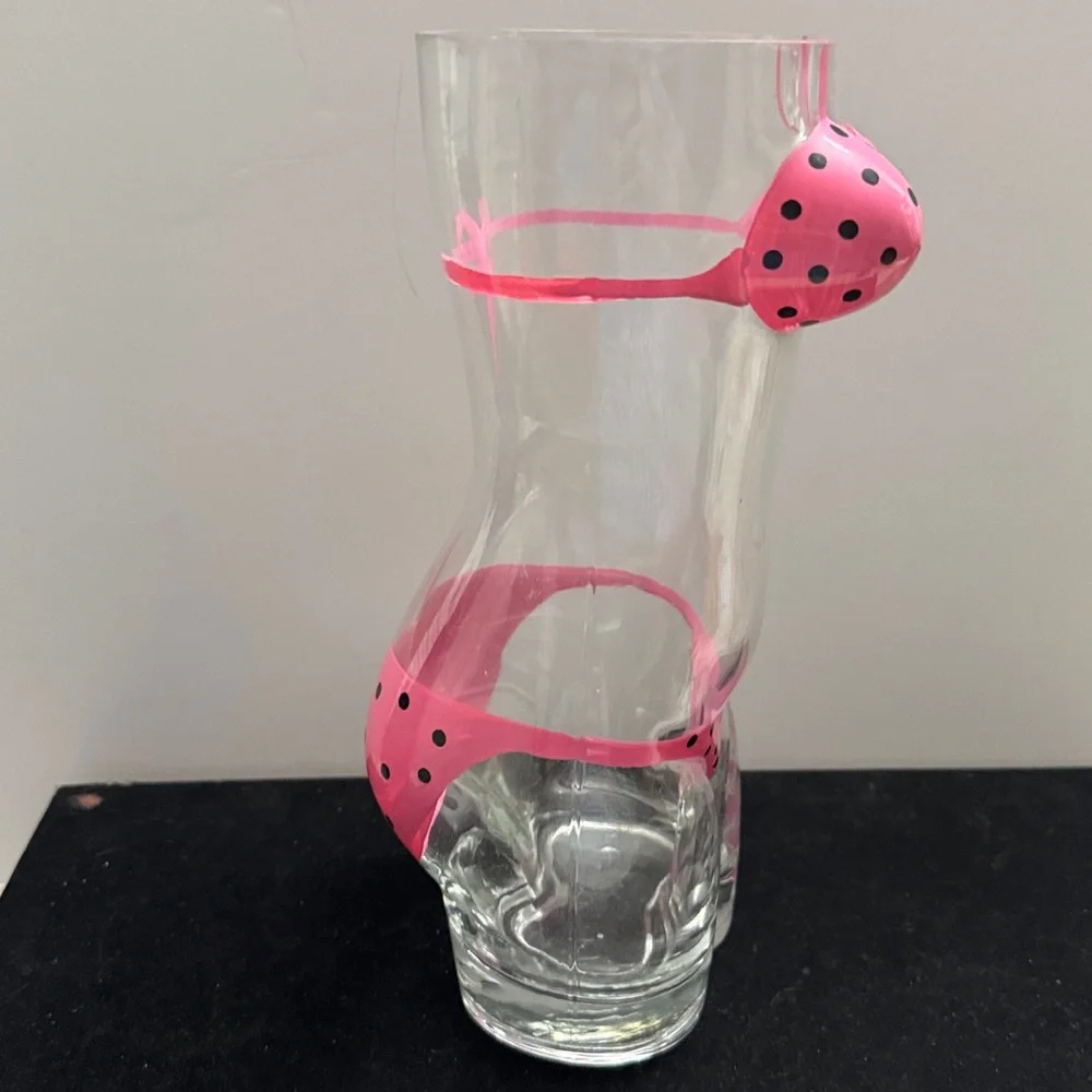 novelty glass/vase  woman's torso, decorated w/pink, polka-dotted bikini 10.24”